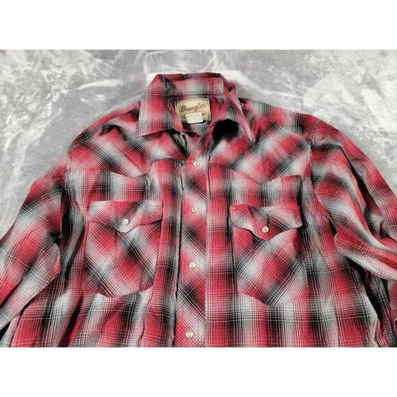 Wrangler Western Shirt Large Red Black Plaid Long Sleeve Pearl Snap‎ Cowboy - Picture 1 of 6
